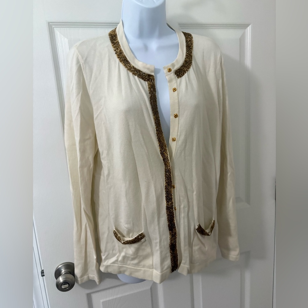 J. McLaughlin  womens Elegant Cream w/ gold Beading lightweight Cardigan L